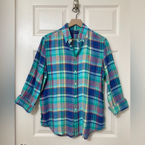 Ralph Lauren Other - Ralph Lauren Blue Madras Plaid Linen Button Down Shirt LRG Resort Summer Preppy